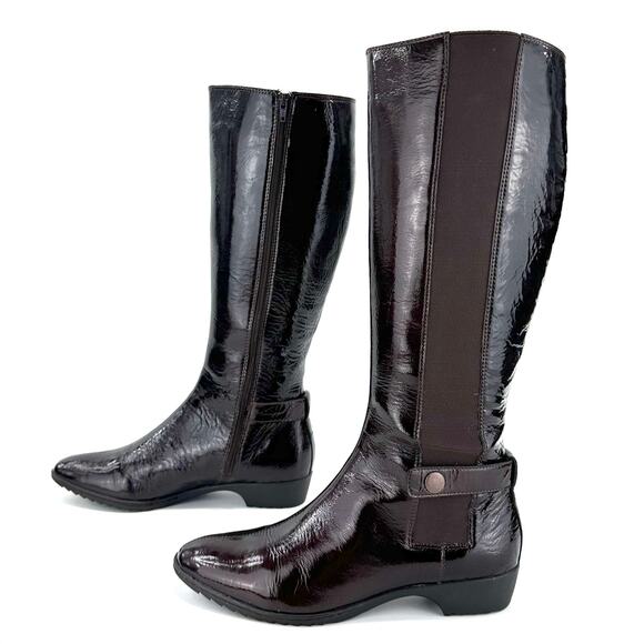Sofft Shoes - Sofft Brown Knee High Tall Boot Size 7M Patent Leather Low Heel Comfort Casual